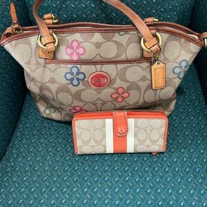Coach Brown and Tan Shoulder Bag with signature Coach wallet